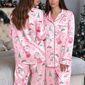 Pink Marie Cat Christmas Satin Pajama Set, Cute Aristocats Inspired Holiday PJs, Paris Eiffel Tower Print, Women's Short Sleeve Sleepwear