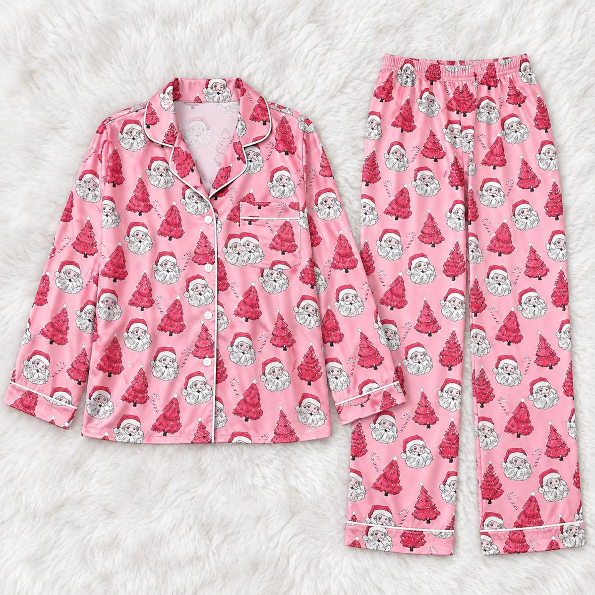 Pink Santa Christmas Pajamas, Satin Family Matching PJs, Women and Kids Holiday Sleepwear, Long and Short Pajama Set