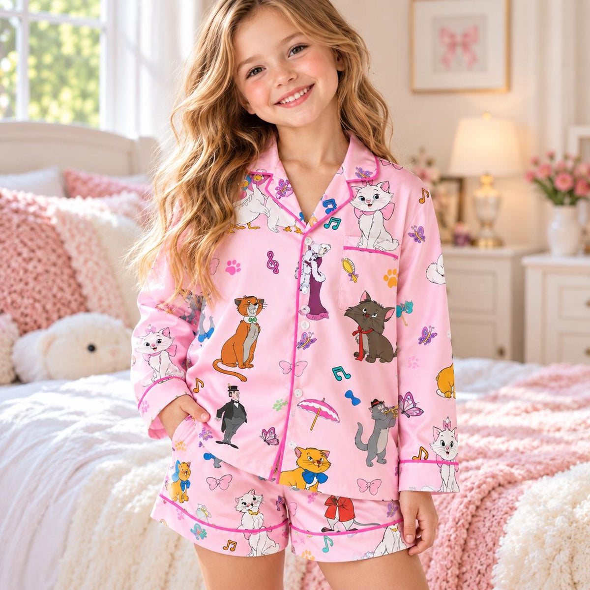 Disney Aristocats Pajamas Set, Disney Marie Cat PJs, Cute Cartoon Women Sleepwear, Silk Button Up Loungewear, Gift for Disney Lovers Cat Mom
