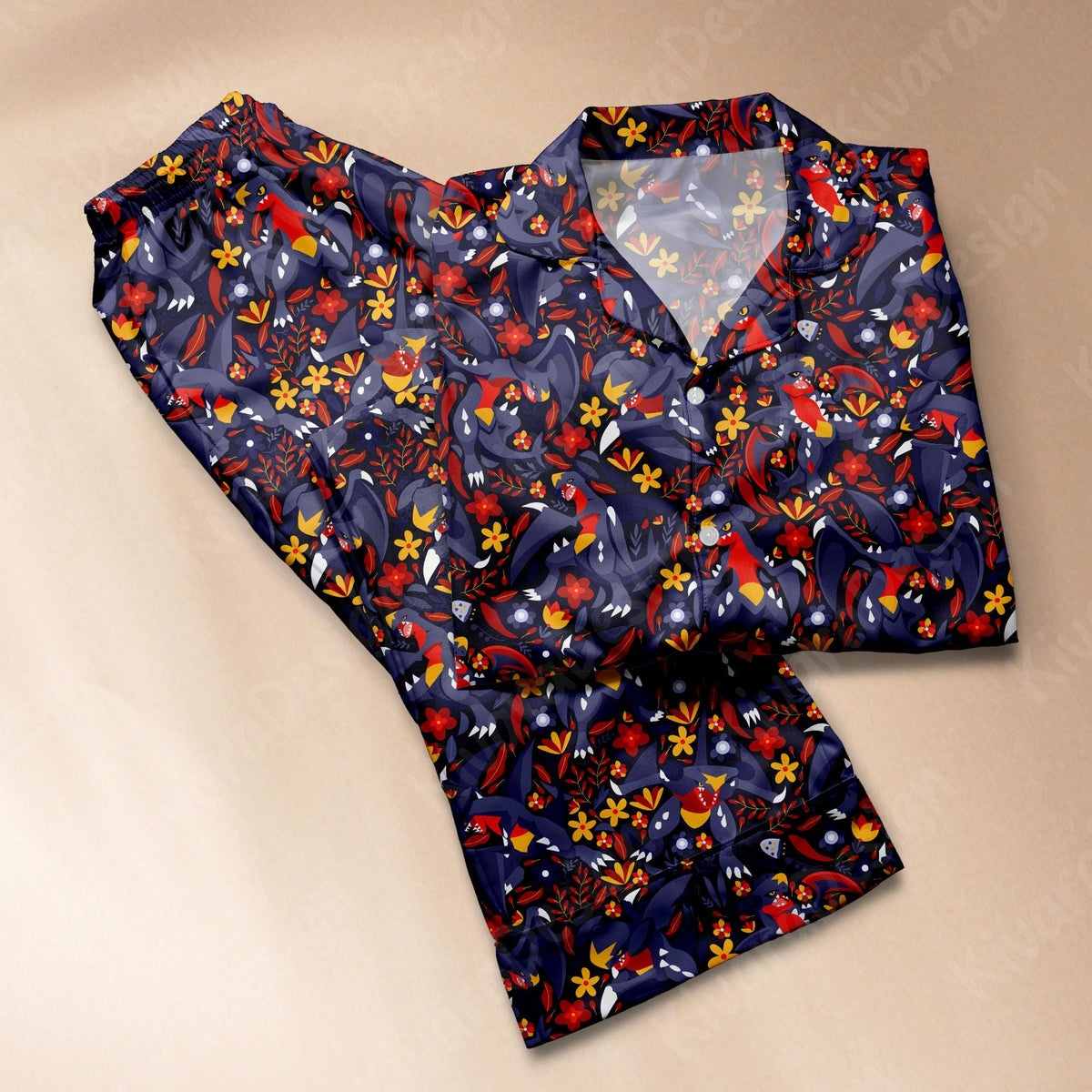 Garchomp Gible Gabite Pajama Set, Dragon Character Sleepwear, Matching Couple Pajamas, Navy Blue Long Sleeve PJs, Cute Gift for Gamer Fans