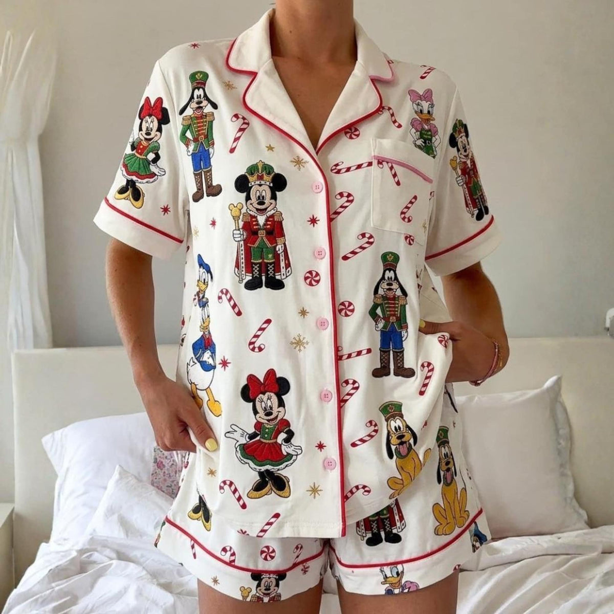 Disney Nutcracker Christmas Pajama Set, Mickey and Friends Holiday PJs, Candy Cane Print Button Up Sleepwear, Matching Family Christmas PJs