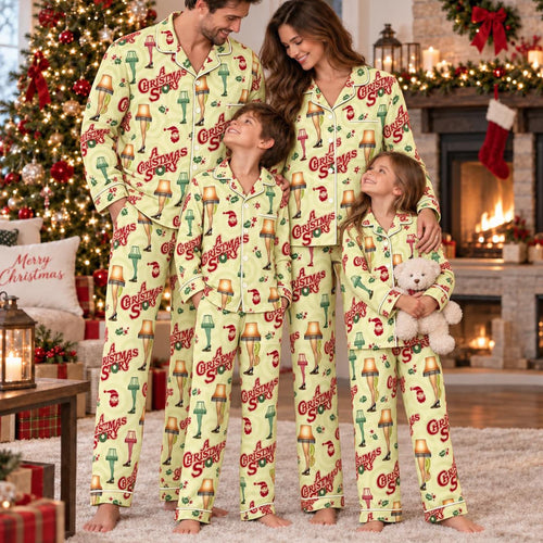 A Christmas Story Matching Holiday Pajama Set, Funny Holiday PJs, Christmas Movie Sleepwear for Kids and Adults, Red Leg Lamp PJs