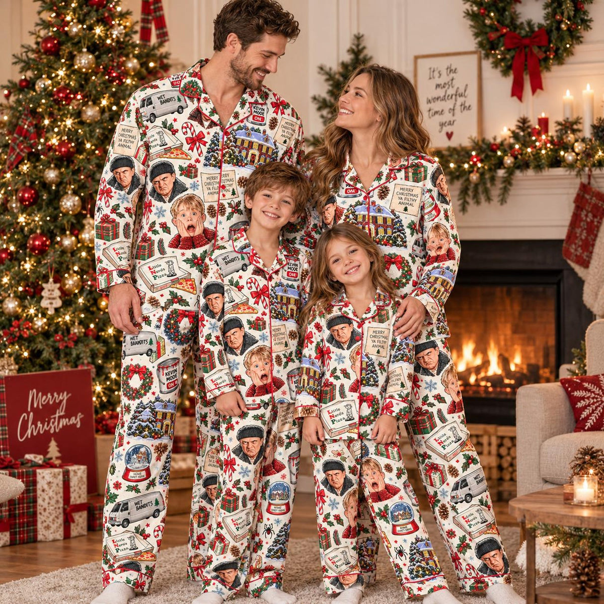 Home Alone Family Christmas Pajama Set, Funny Holiday Movie PJs, Satin Sleepwear Set, Festive Christmas Loungewear