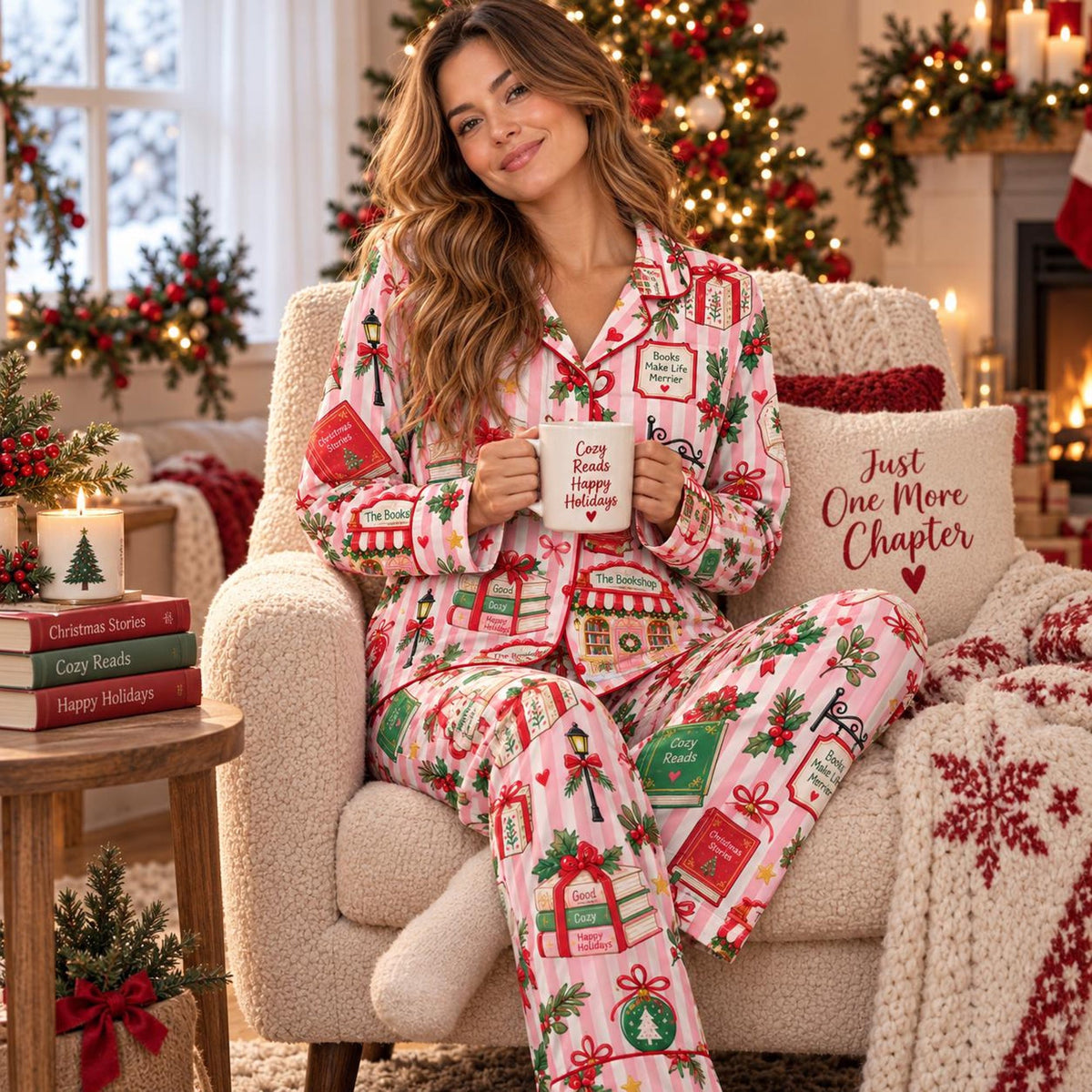 Pink Christmas Book Lover Pajama Set for Women, Bookish Holiday PJs, Cozy Reading Sleepwear, Christmas Gift for Readers
