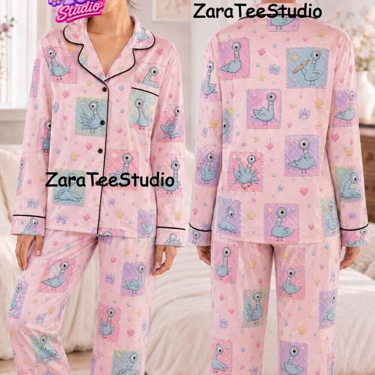 Pigeon Teacher Life Satin Pajamas, The Pigeon Has To Go To School Women PJS, Storybook Reading Outfit, Gift for Her 04