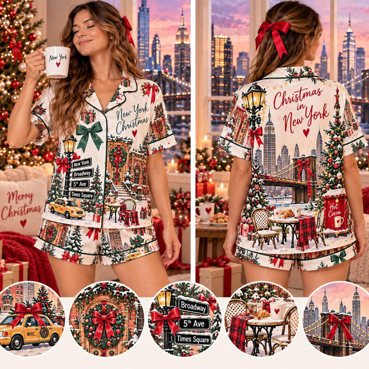 New York Christmas Satin Pajama Set, Women's Short and Long Sleeve PJs, NYC Holiday Sleepwear, Christmas Tree and Bow Print