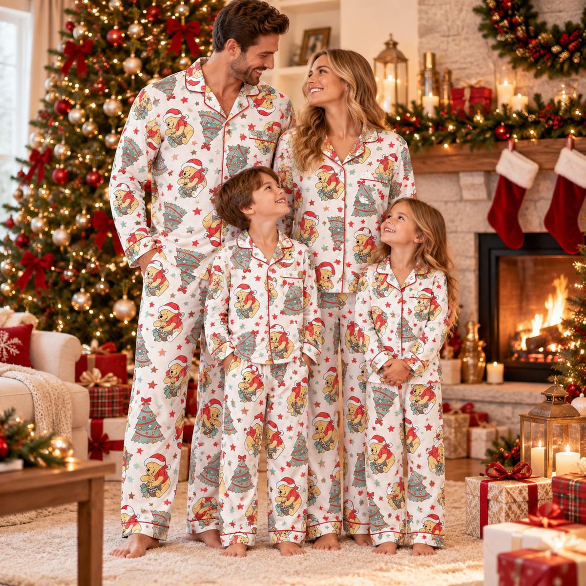 Winnie the Pooh Christmas Matching Family Pajama Sets, Cute Disney Bear Holiday Xmas PJs, Festive Sleepwear for Family