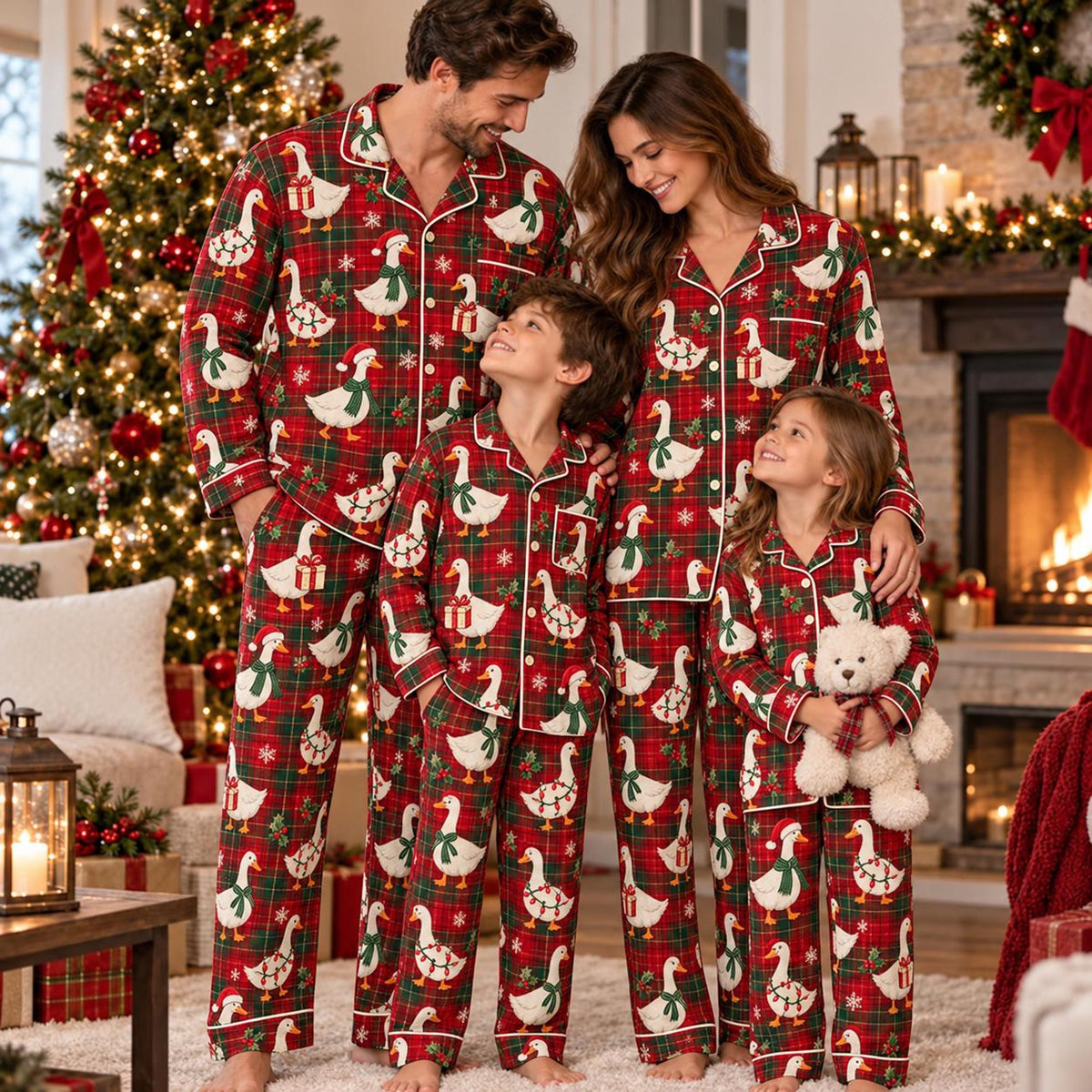 Silly Goose Christmas Pajamas, Funny Holiday PJs, Red Plaid Matching Family Sets for Adults and Kids