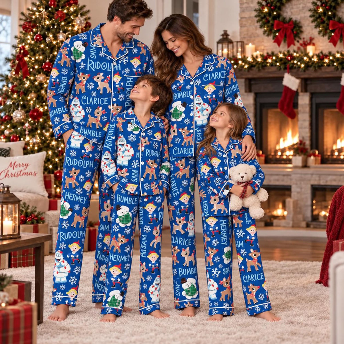 Rudolph Christmas Family Pajamas, Blue Reindeer and Snowflake Print, Matching Button-Up Long Sleeve PJ Sets for Adults and Kids