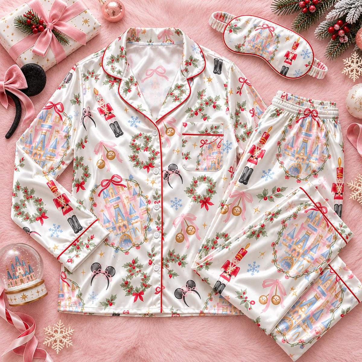 Disney Princess Castle Christmas Satin Pajamas, Nutcracker Ballet Pink Bow Mickey Minnie Holiday Sleepwear Set, Christmas Gift for Women