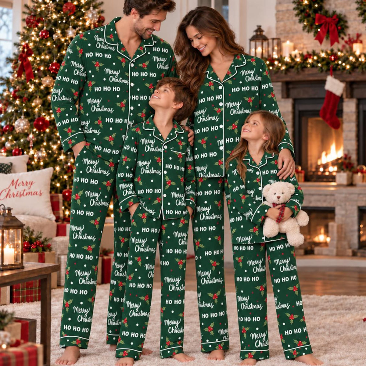 Matching Family Christmas Pajamas, Green Holly Print Pajama Set, Merry Christmas Sleepwear for Adults and Kids