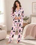 Halloween Pajama Set, Spooky Pajamas, Ghost Pajamas, Witch Cat Pajamas, Women's Button Up Sleepwear, Fall Lounge Set