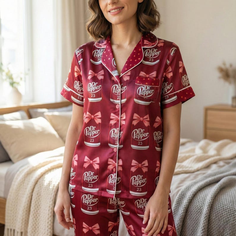 Dr Pepper Pajamas Women, Coquette Bow Satin Sleepwear, Funny Soda Can Pjs, Maroon Silk Set, Foodie Gift For Her, Button Down Lounge Top