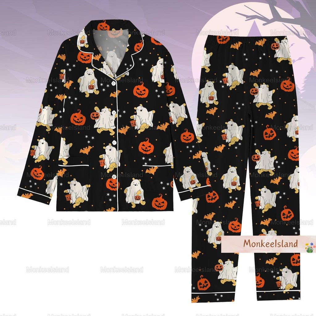 Halloween Winnie The Pooh Ghost Pajamas, Pooh Pumpkin Pajamas Set, Spooky Season Shirt, Fall Autumn Leaf Holiday Pajamas