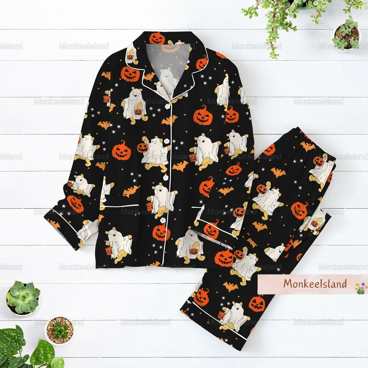 Halloween Winnie The Pooh Ghost Pajamas, Pooh Pumpkin Pajamas Set, Spooky Season Shirt, Fall Autumn Leaf Holiday Pajamas