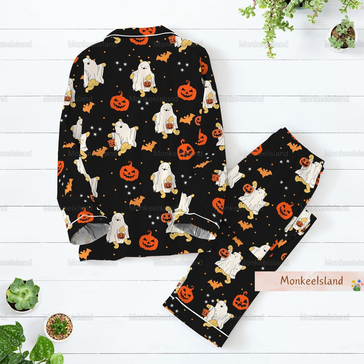 Halloween Winnie The Pooh Ghost Pajamas, Pooh Pumpkin Pajamas Set, Spooky Season Shirt, Fall Autumn Leaf Holiday Pajamas