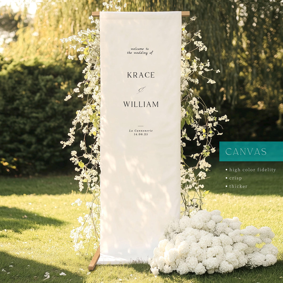 Fabric Wedding Banner, Linen Wedding Sign, Bridal Shower Sign, Wedding Drop, destination wedding, collapsible wooden stand 22