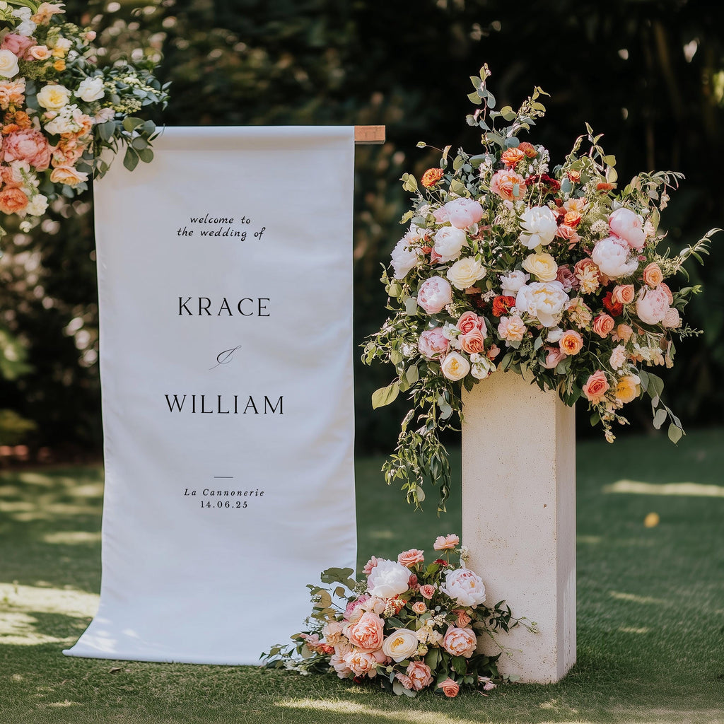 Fabric Wedding Banner, Linen Wedding Sign, Bridal Shower Sign, Wedding Drop, destination wedding, collapsible wooden stand 22