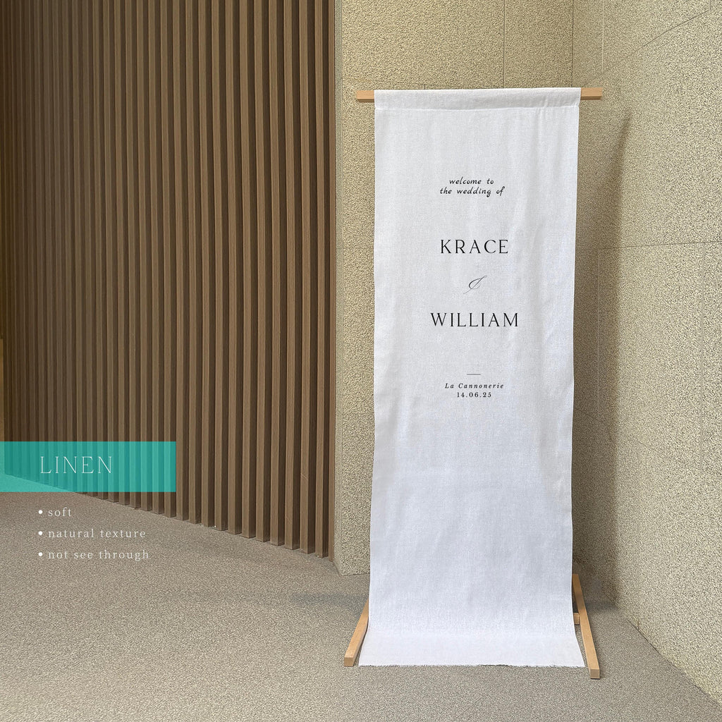 Fabric Wedding Banner, Linen Wedding Sign, Bridal Shower Sign, Wedding Drop, destination wedding, collapsible wooden stand 22