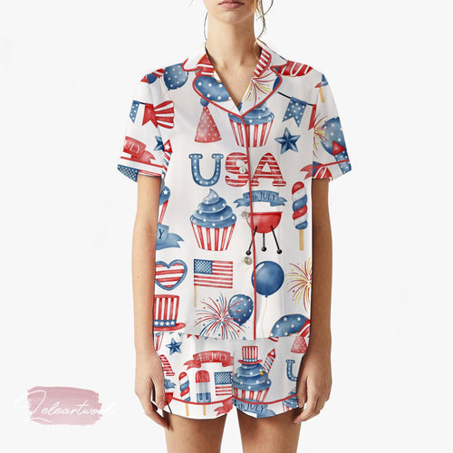 4th of July BBQ Set | Silky Satin Patriotic Pajama Set For Women | Red White And Blue Summer Sleepwear | Fireworks & Cookout Print PJs