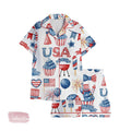 4th of July BBQ Set | Silky Satin Patriotic Pajama Set For Women | Red White And Blue Summer Sleepwear | Fireworks & Cookout Print PJs
