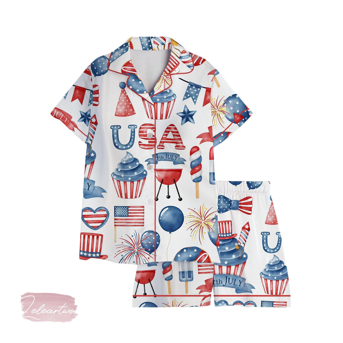 4th of July BBQ Set | Silky Satin Patriotic Pajama Set For Women | Red White And Blue Summer Sleepwear | Fireworks & Cookout Print PJs