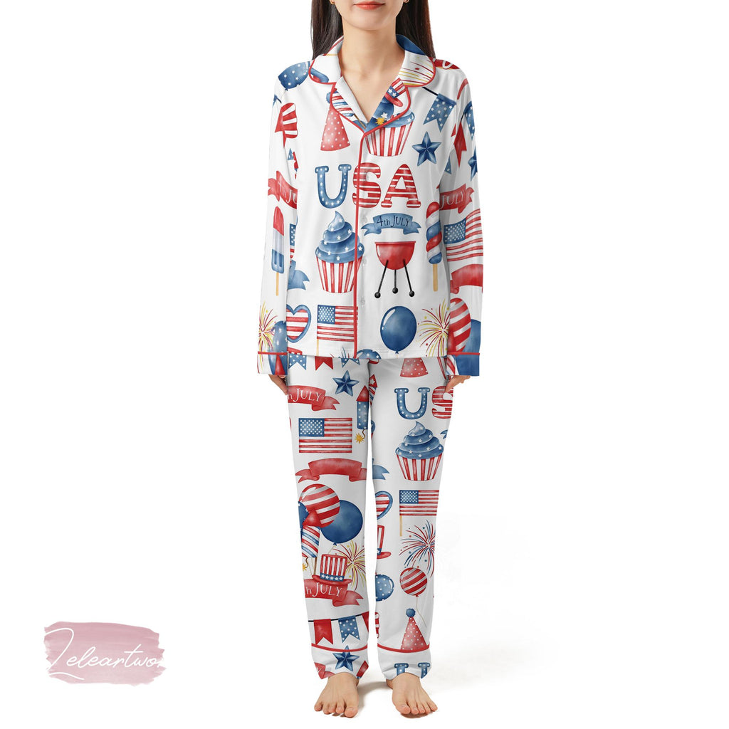 4th of July BBQ Set | Silky Satin Patriotic Pajama Set For Women | Red White And Blue Summer Sleepwear | Fireworks & Cookout Print PJs