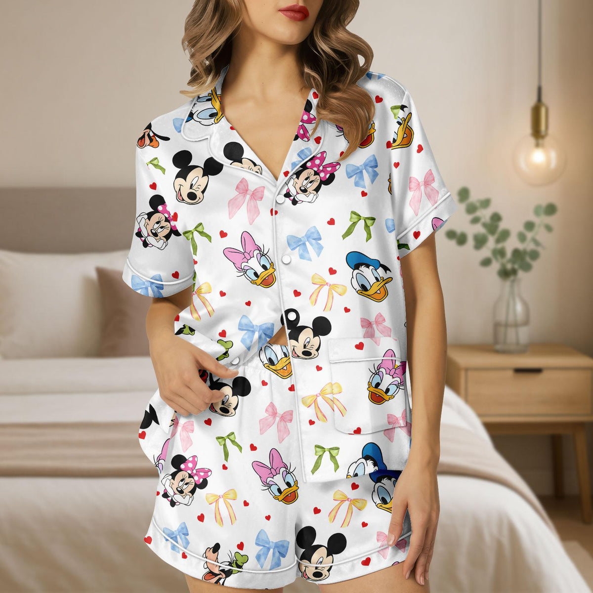 Mickey And Friends Satin Pajamas, Minnie Bow Coquette Pajamas Short Set, Disneyworld Women Pajamas, Pluto Daisy Donald Bow Pjs