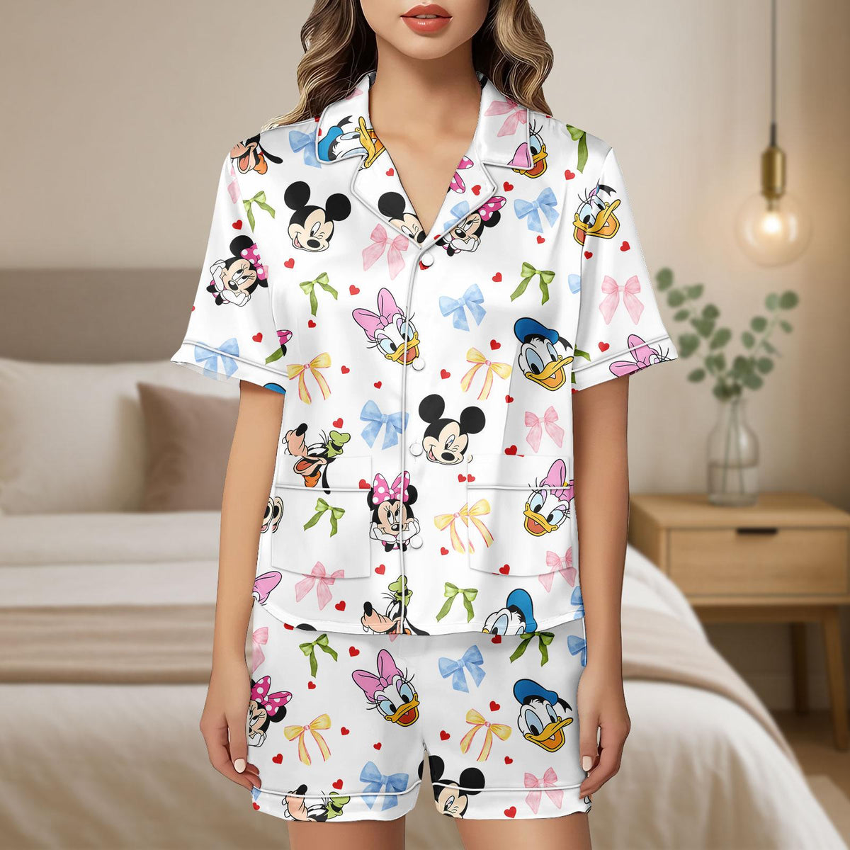Mickey And Friends Satin Pajamas, Minnie Bow Coquette Pajamas Short Set, Disneyworld Women Pajamas, Pluto Daisy Donald Bow Pjs