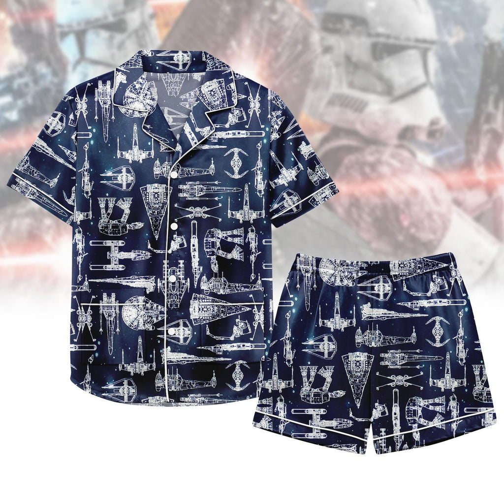 Star Wars Satin Pajamas Shorts, Disney Star Wars Sleepwear, Space Ship Battle Shirt, Short Sleeve Pajamas, Star Wars Lounge Pjs