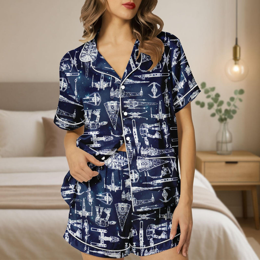 Star Wars Satin Pajamas Shorts, Disney Star Wars Sleepwear, Space Ship Battle Shirt, Short Sleeve Pajamas, Star Wars Lounge Pjs