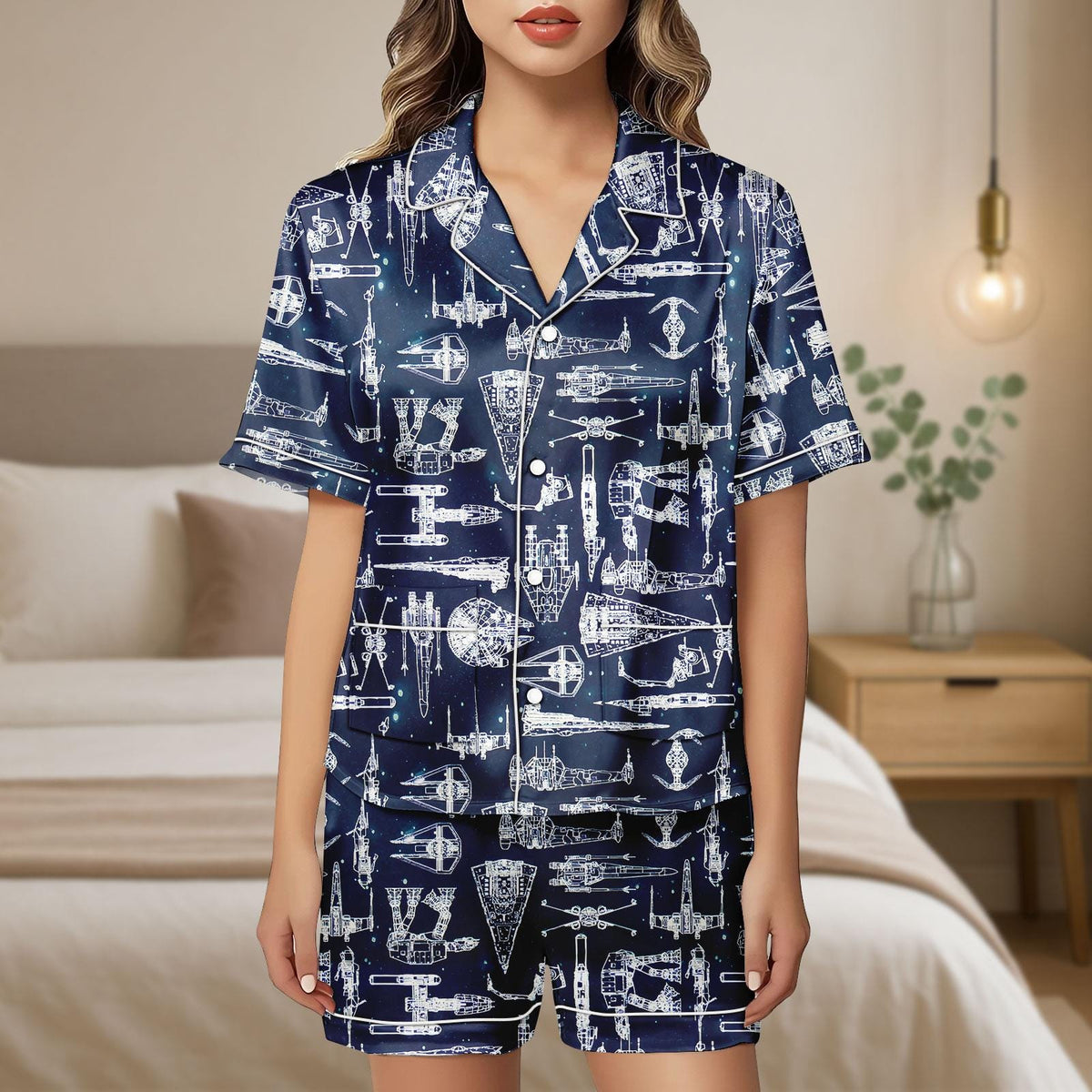 Star Wars Satin Pajamas Shorts, Disney Star Wars Sleepwear, Space Ship Battle Shirt, Short Sleeve Pajamas, Star Wars Lounge Pjs