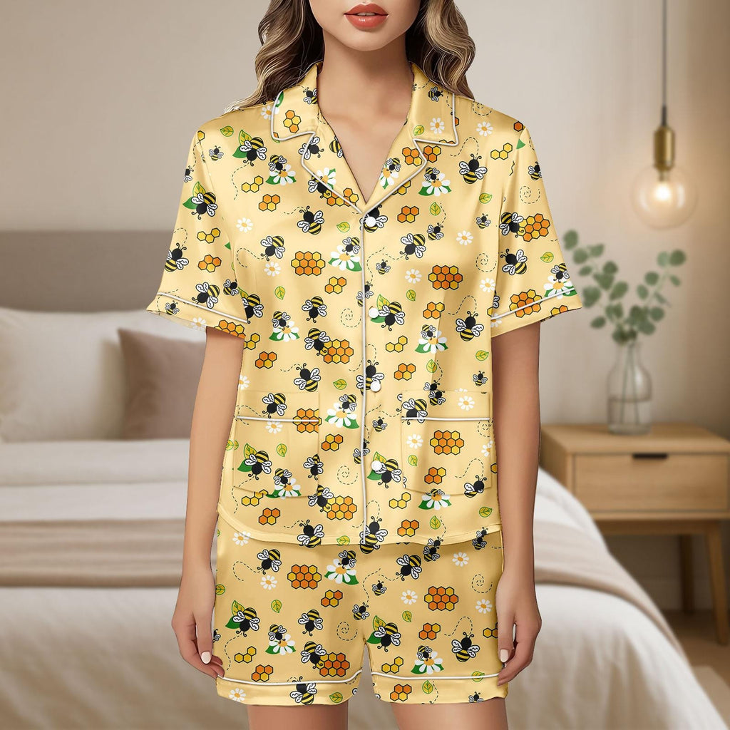 Bee Satin Pajamas, Bee Botanical Women Pajamas, Honey Bees Pajamas Shorts, Bee Lover Gift, Bumblebees Short Sleeve Pajamas
