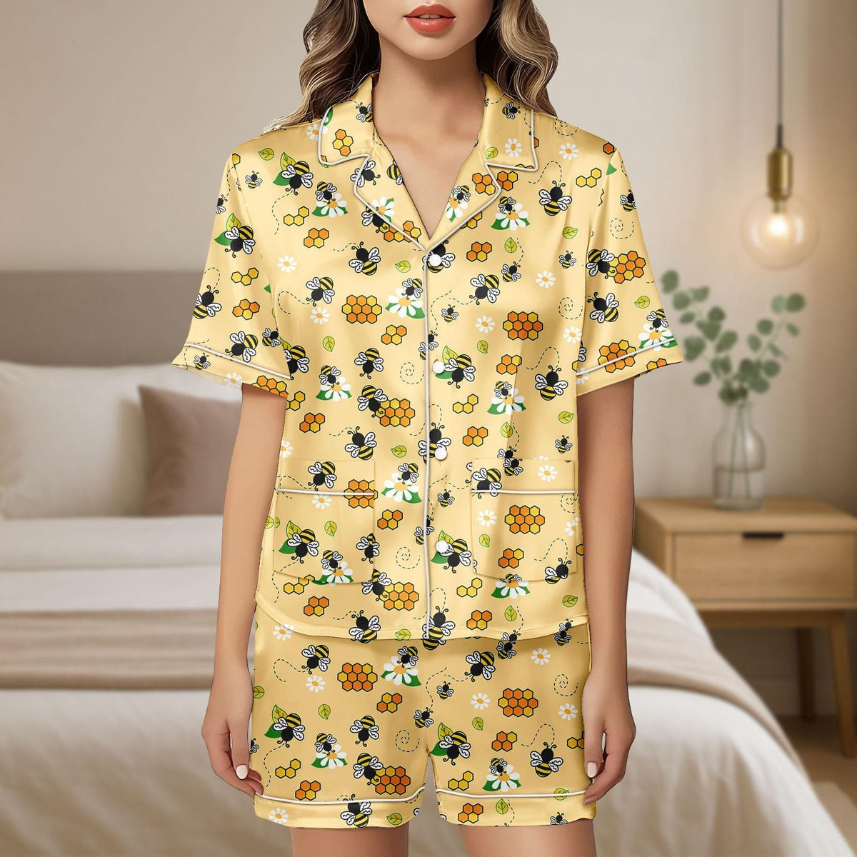 Bee Satin Pajamas, Bee Botanical Women Pajamas, Honey Bees Pajamas Shorts, Bee Lover Gift, Bumblebees Short Sleeve Pajamas