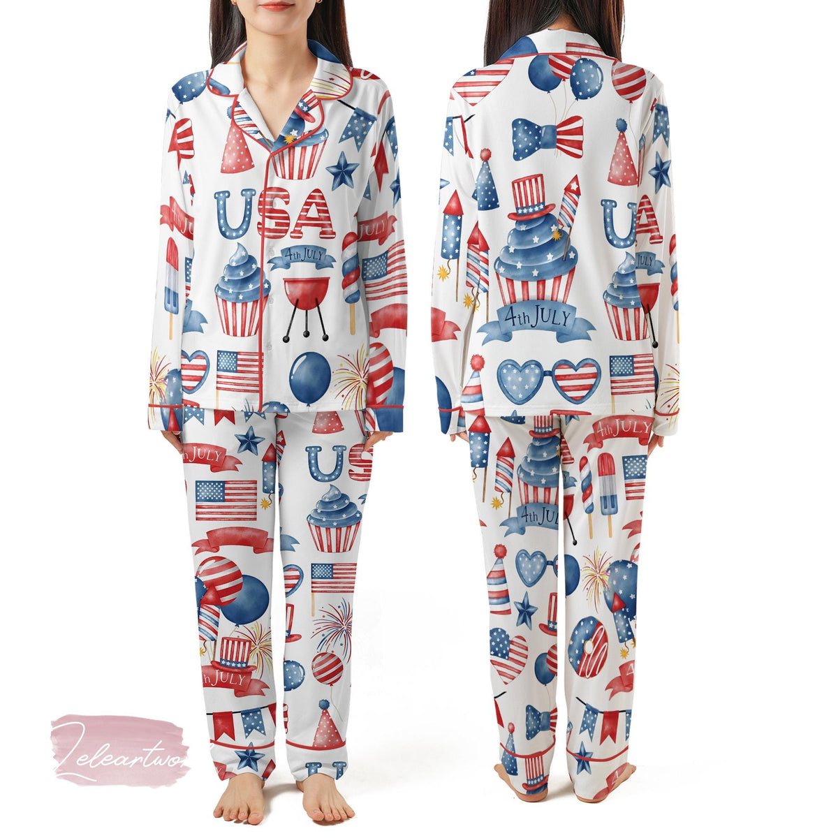 4th of July BBQ Set | Silky Satin Patriotic Pajama Set For Women | Red White And Blue Summer Sleepwear | Fireworks & Cookout Print PJs