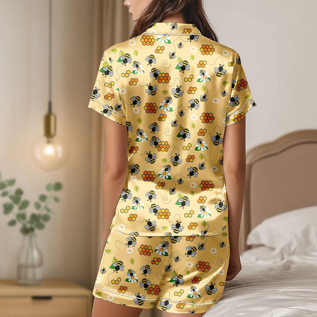 Bee Satin Pajamas, Bee Botanical Women Pajamas, Honey Bees Pajamas Shorts, Bee Lover Gift, Bumblebees Short Sleeve Pajamas