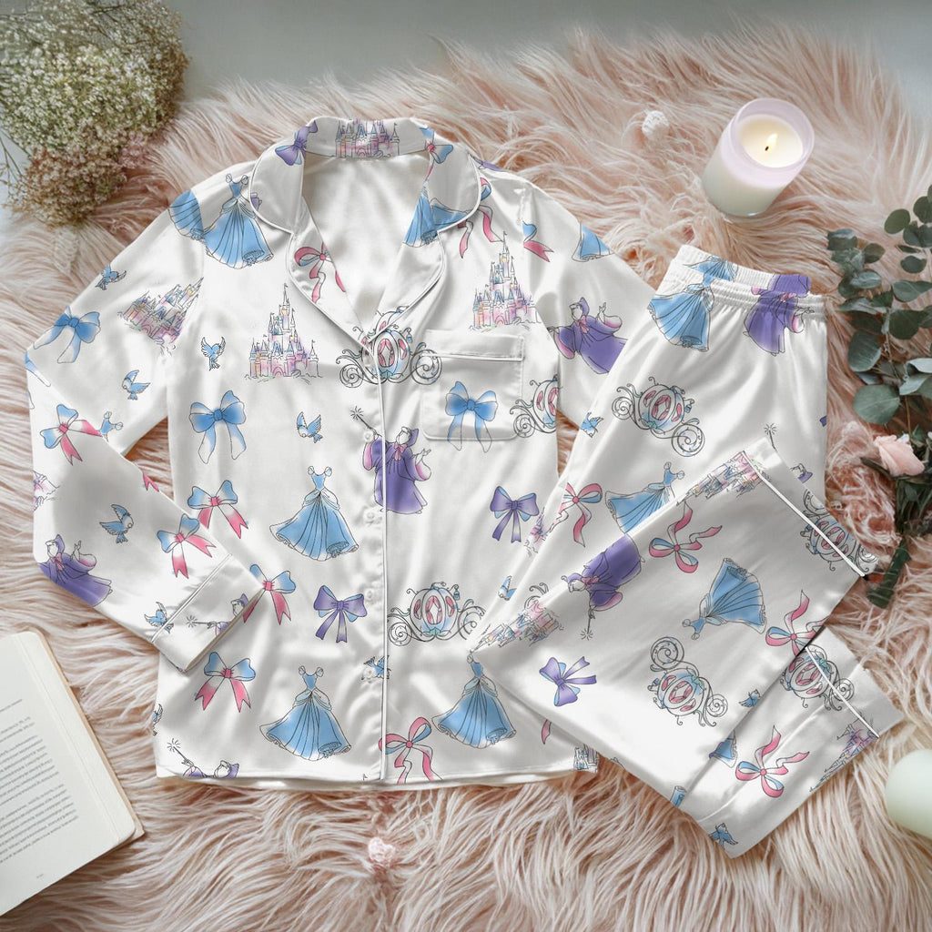 Disney Cinderella Satin Pajamas Set, Disneyland Satin Sleepwear, Princess Sleepwear For Women, Fairytale Pjs Long, Cinderella Pajamas