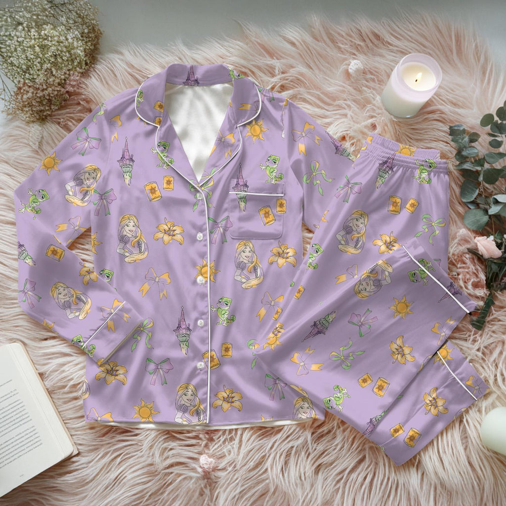 Coquette Bow Rapunzel Satin Pajamas Set, Disney Princess Pajamas, Tangled Coquette Bow Pajamas