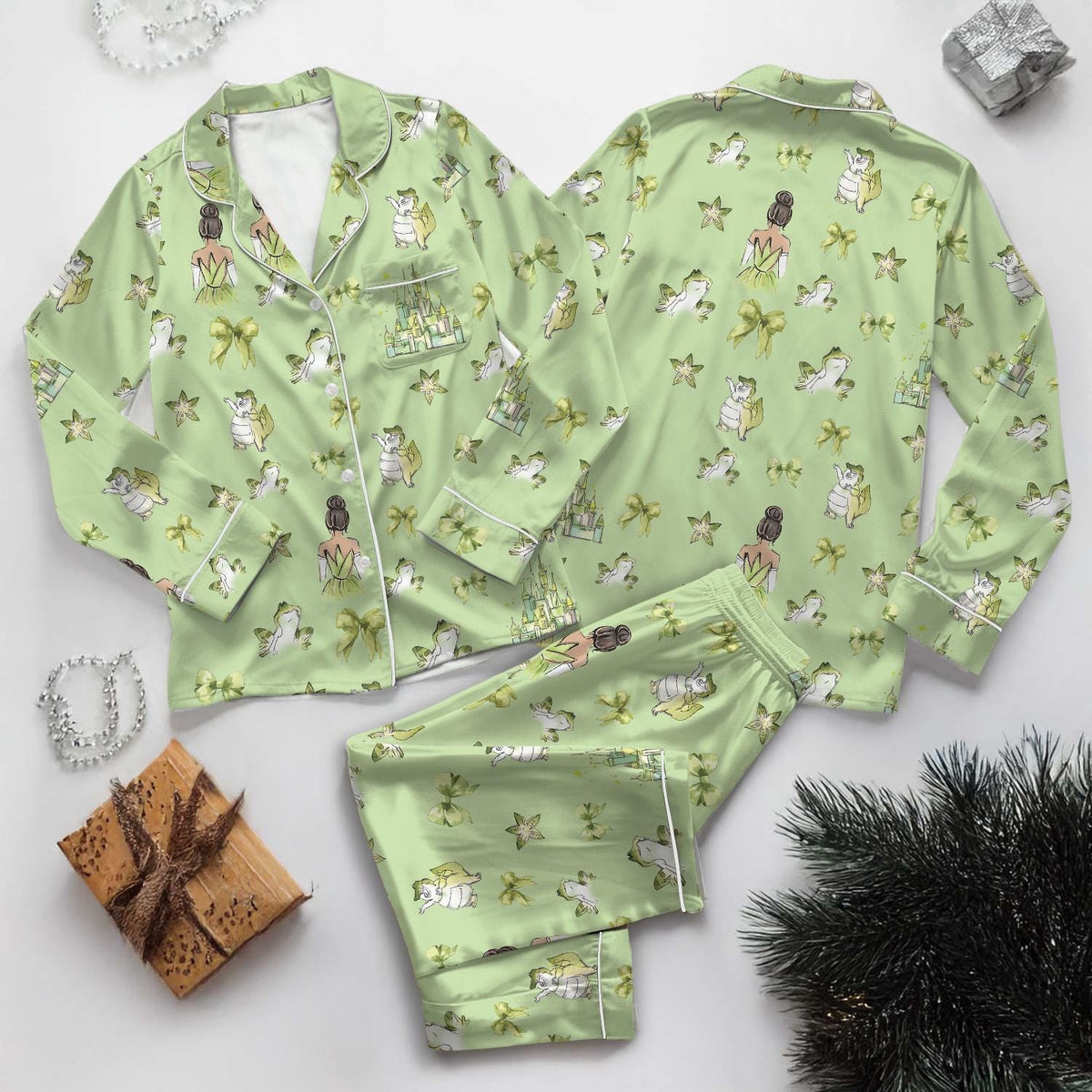 Tiana Princess And The Frog Pajamas Set, Coquette Bows Disney Women Pajamas, Princess Tiana Holiday Pajamas, Disney Cartoon Pjs