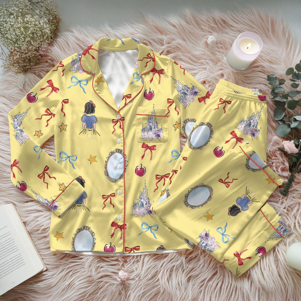 Coquette Bow Snow White Princess Satin Pajamas Set, Disney Snow White Pjs, Cute fairy tale pajamas, Disney Princess Pajamas