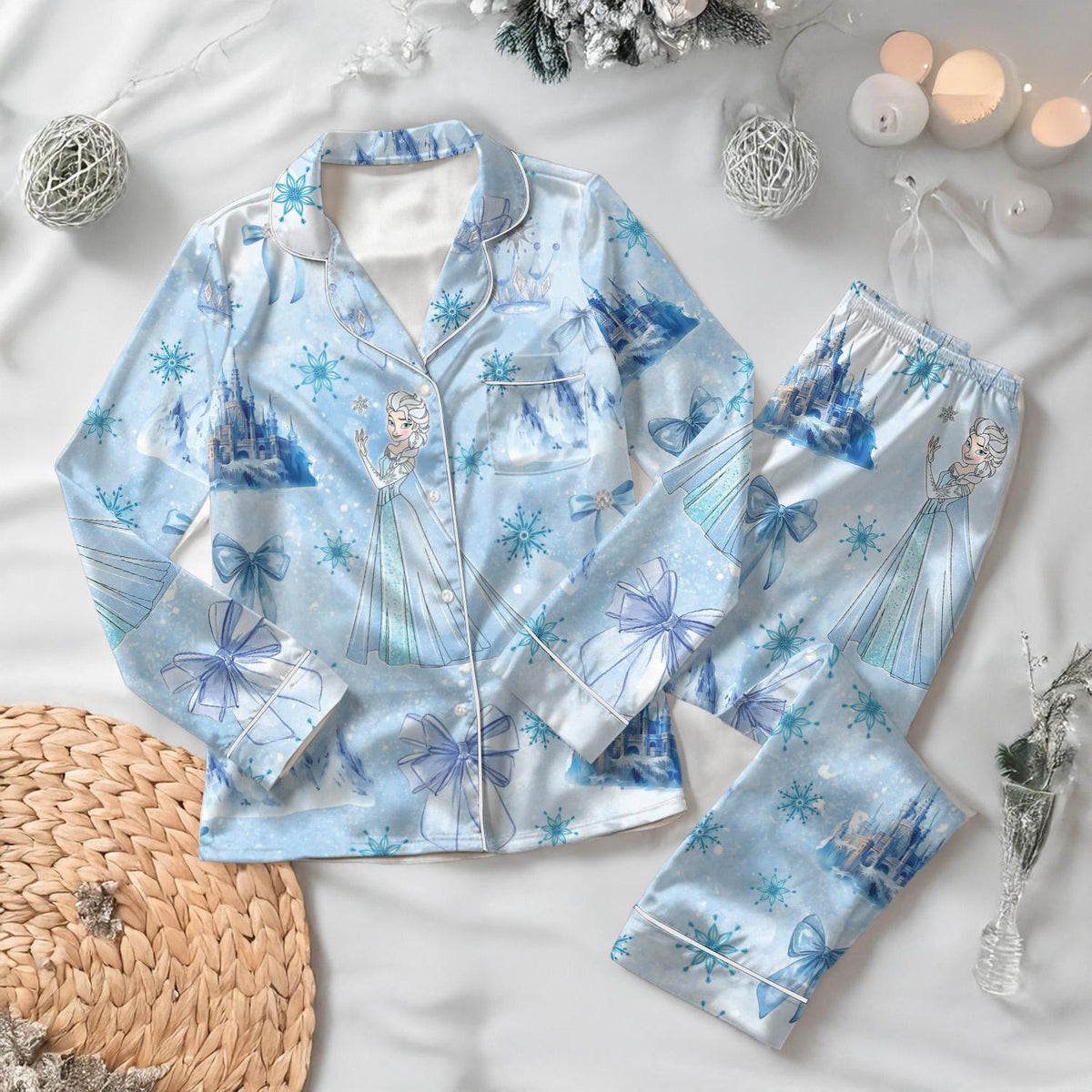 Coquette Bow Elsa Princess Satin Pajamas Set, Disney Frozen Pjs, Princes Elsa Pajamas, Bridesmaid Matching Sleepwear
