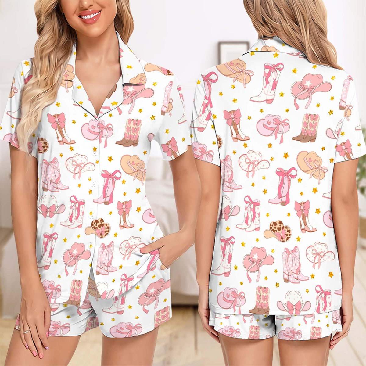 Pink Cowgirl Boots And Hat Country Short Pajamas Set, Cowgirl Boots Pajamas Set Gifts, Boots And Hats Western Cowgirl Short Pajamas Set Gift