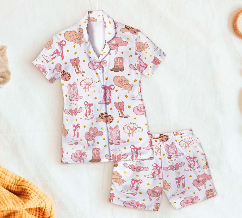 Pink Cowgirl Boots And Hat Country Short Pajamas Set, Cowgirl Boots Pajamas Set Gifts, Boots And Hats Western Cowgirl Short Pajamas Set Gift