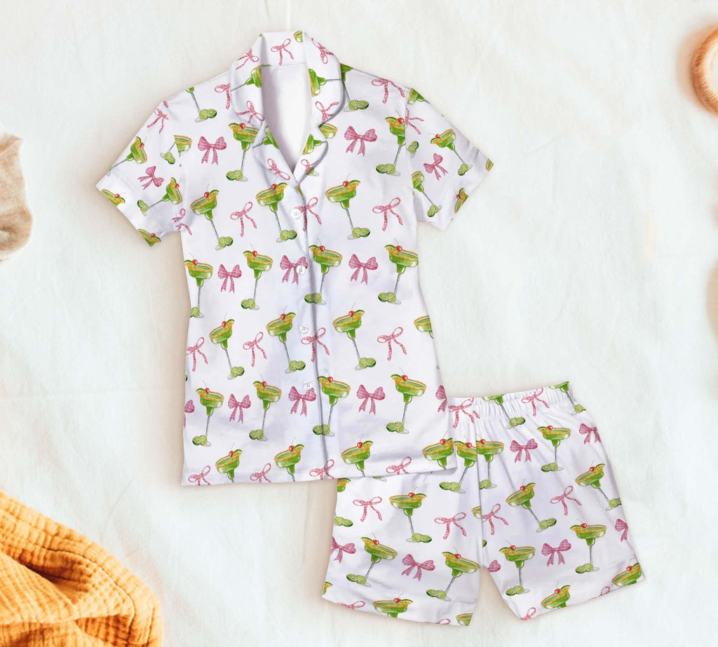 Margarita Short Pajamas, Cocktail Short Pajamas Set, Bridesmaid Pajamas, Pink Bow Pajamas, Coquette Pjs, Pajamas Girl Gift, Tequila Pajamas