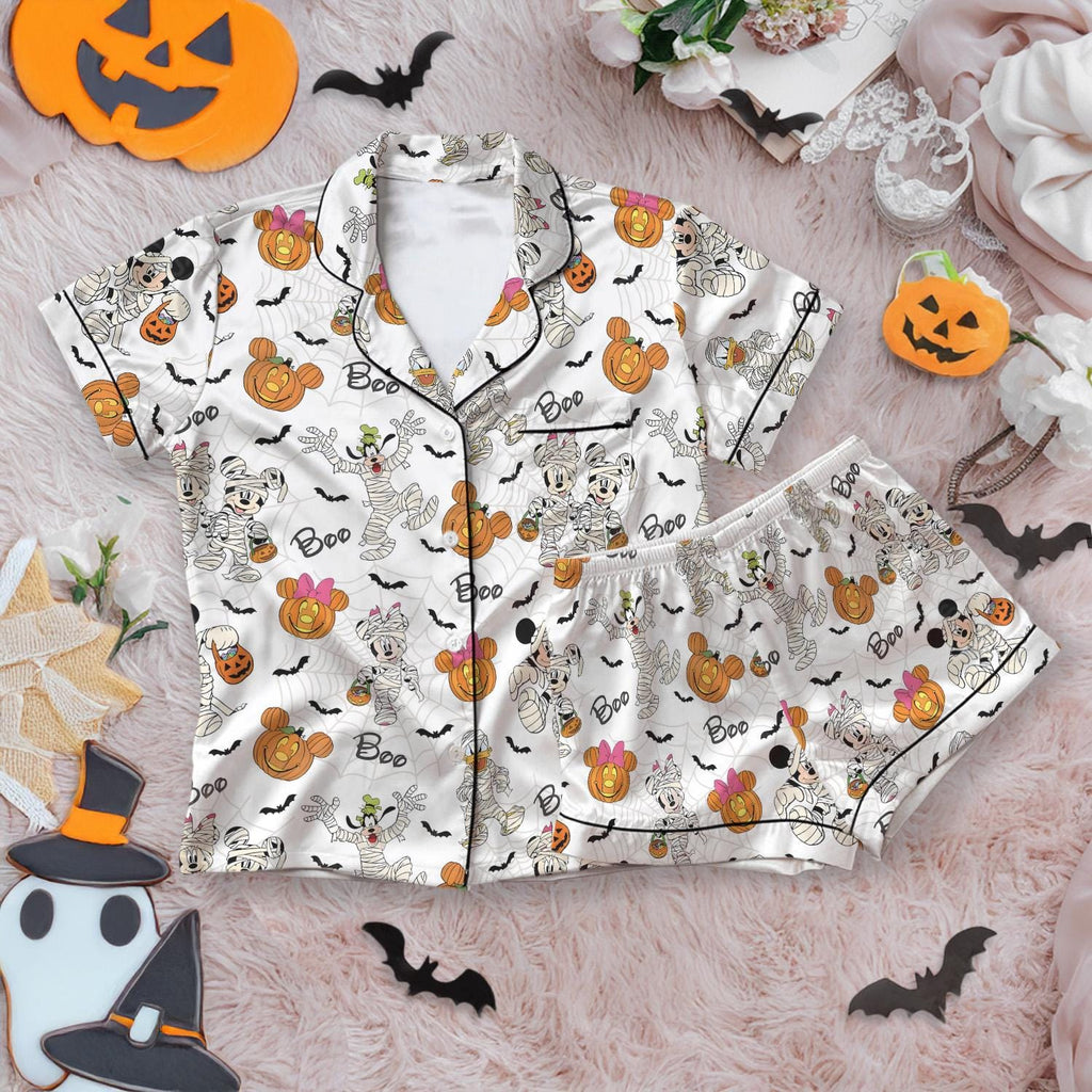 Halloween Mickey & Friends Satin Pajamas Short Set, Disney Satin Short Sleeve Halloween Pajamas, Mickey Pumpkin Trick or Treat Sleepwear