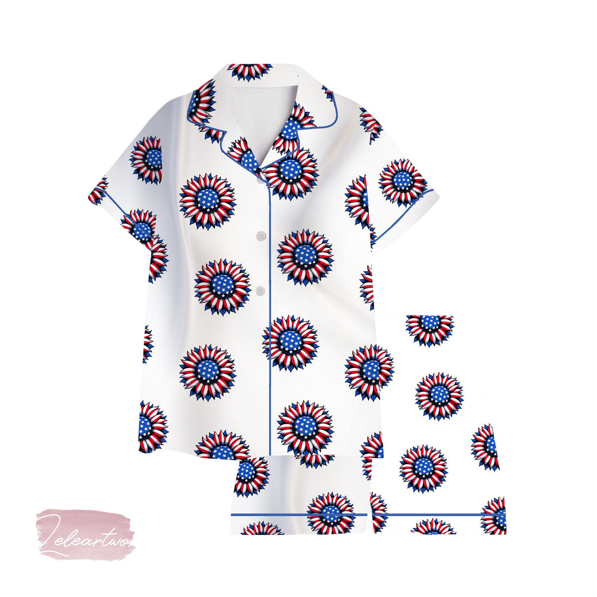 American Flower Set – Patriotic Starburst Pajama Shorts | USA Summer Sleepwear | 4th of July Lounge Gift
