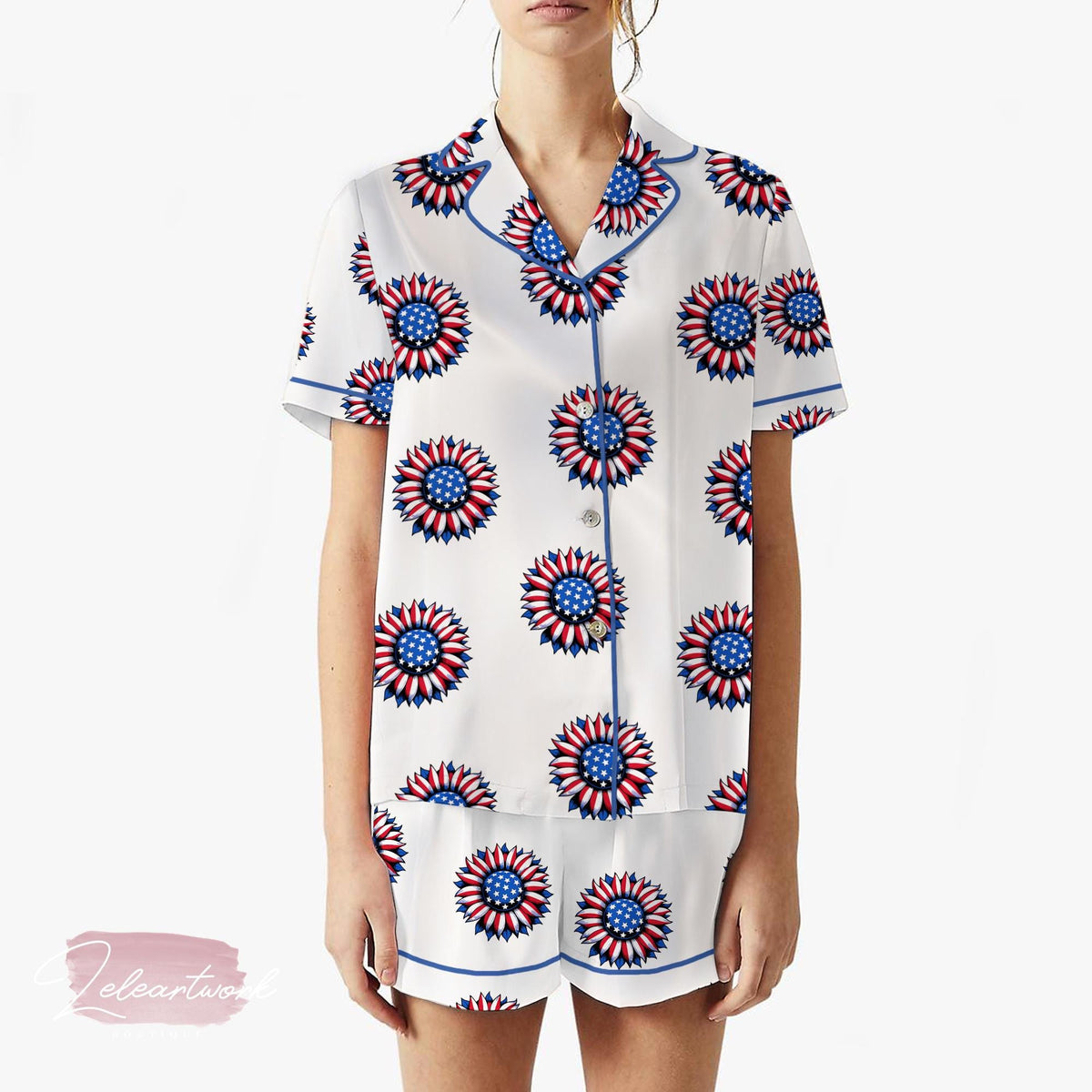 American Flower Set – Patriotic Starburst Pajama Shorts | USA Summer Sleepwear | 4th of July Lounge Gift