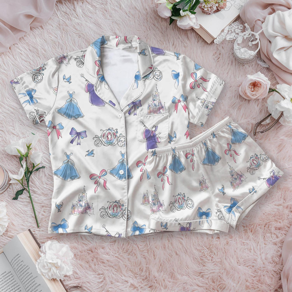 Meet Me At Midnight Cinderella Pajamas Short Set, Cinderella Short Sleeve Pjs, Disney Princess Pajamas, Cinderella Coquette Bow Pajamas