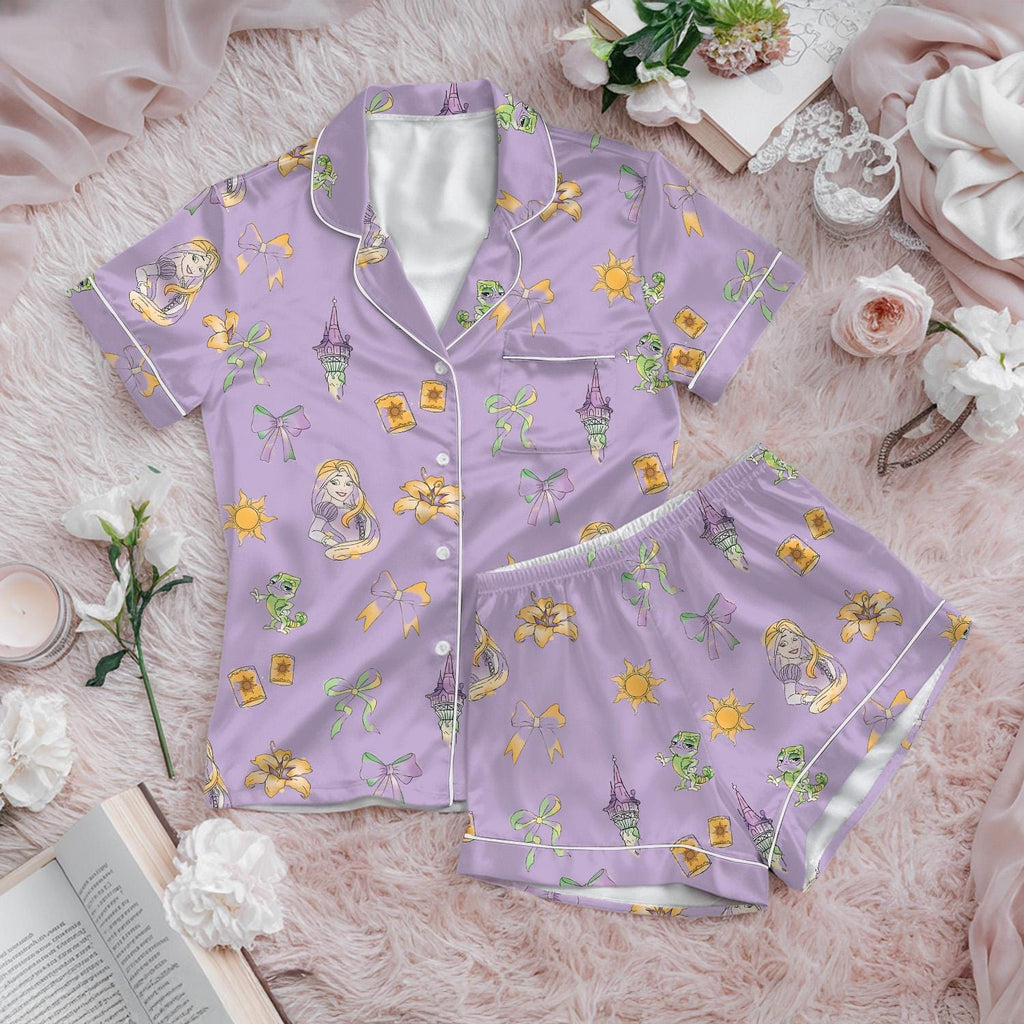 Coquette Bow Rapunzel Satin Pajamas Short Set, Disney Tangled Short Sleeve Pjs, Tangled Coquette Bow Pajamas, Bridesmaid Matching Sleepwear