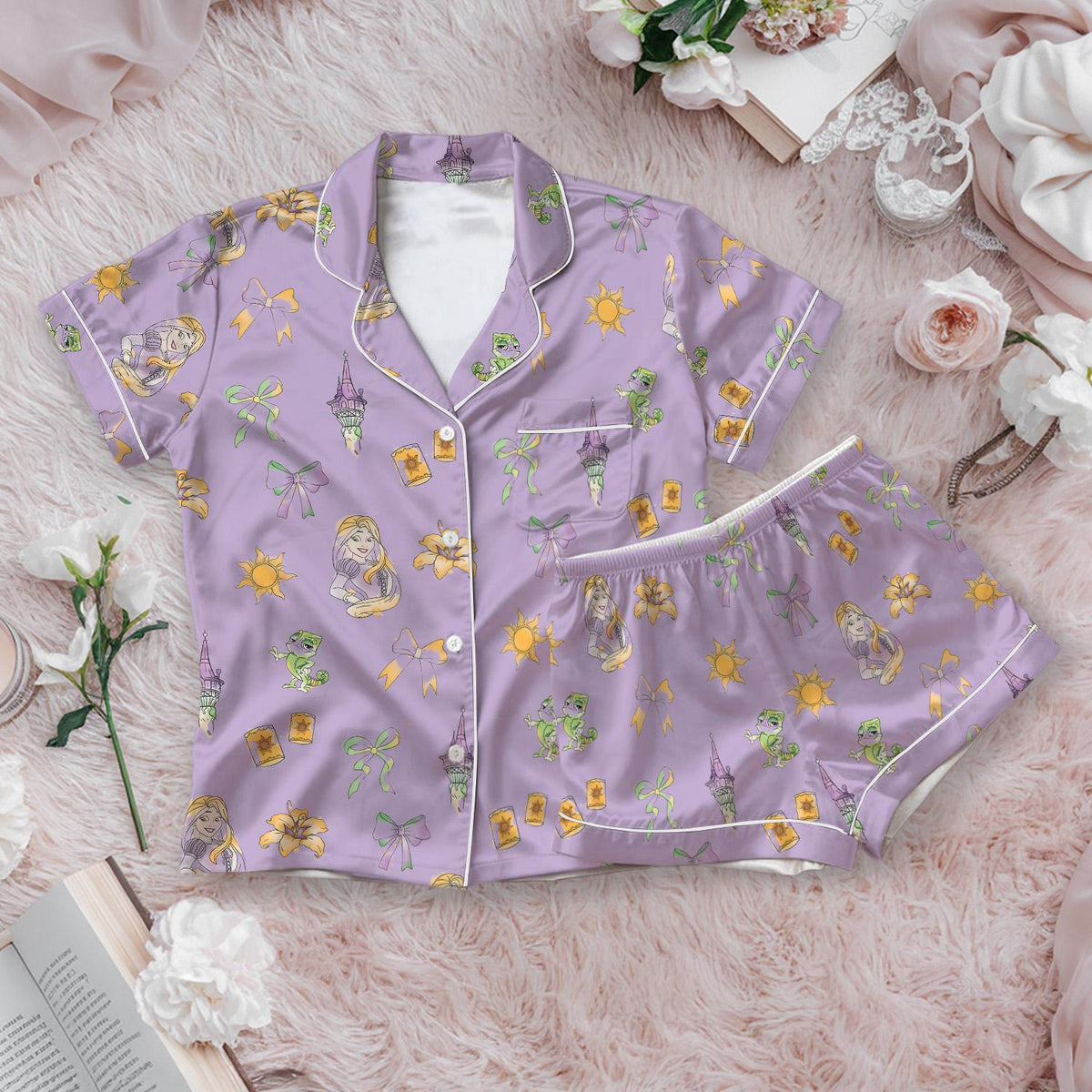 Coquette Bow Rapunzel Satin Pajamas Short Set, Disney Tangled Short Sleeve Pjs, Tangled Coquette Bow Pajamas, Bridesmaid Matching Sleepwear